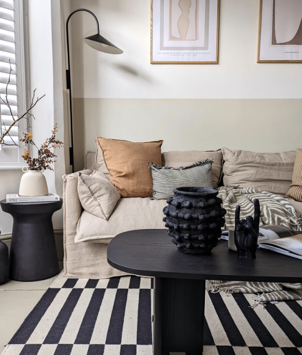 japandi style living room with soft furnishings and monochrome decor