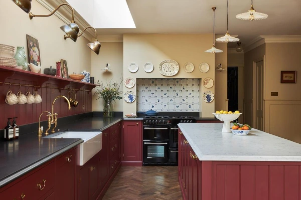 kitchen wall panelling in a red vintage style kitchen