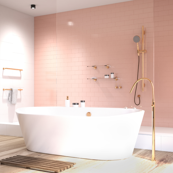 pink bathroom with large white tub - Barbiecore interior trend