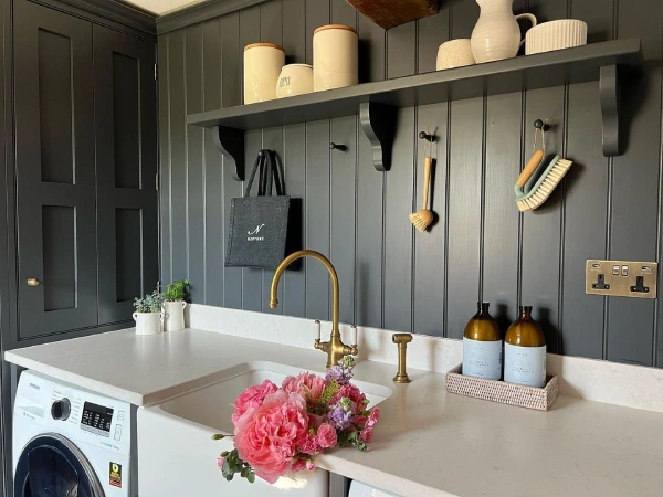 wall panelling in ktichen - slat wall panelling in a blue kitchen