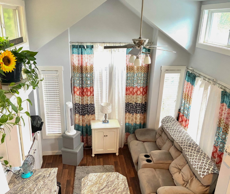 boho living roomwith pattern curtains