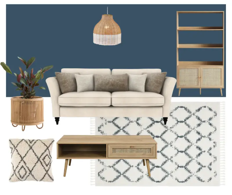 cream and blue living room idea mood board