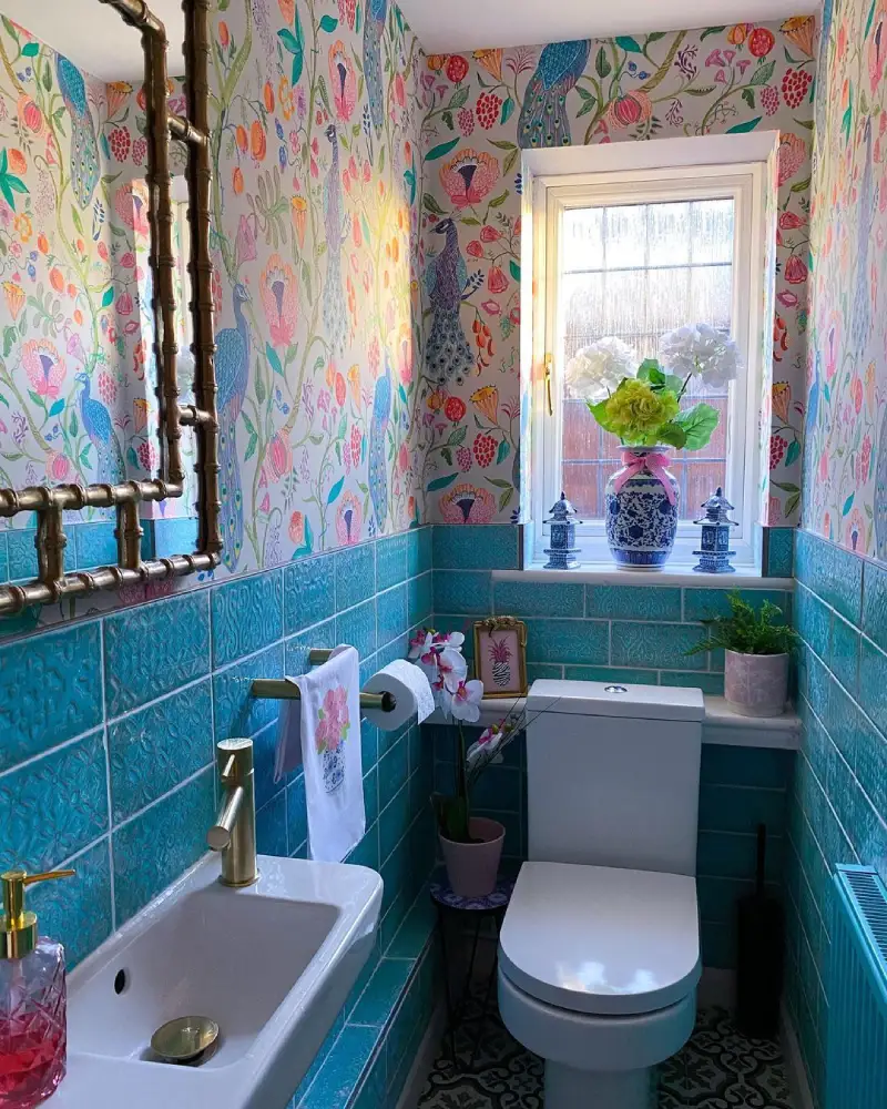 eclectic and quirky downstairs toilet idea blue and pink