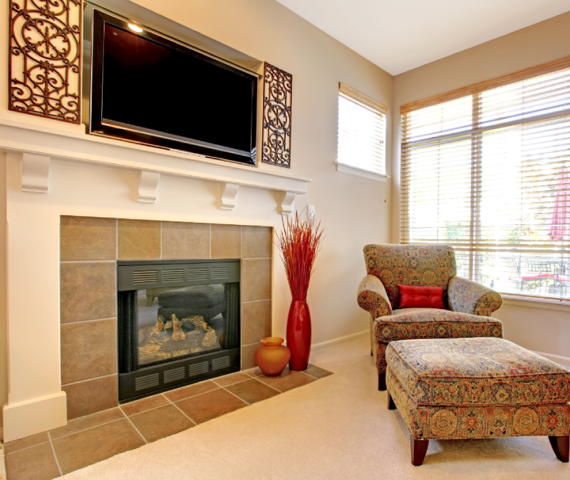 fireplace and tv with recessed wall