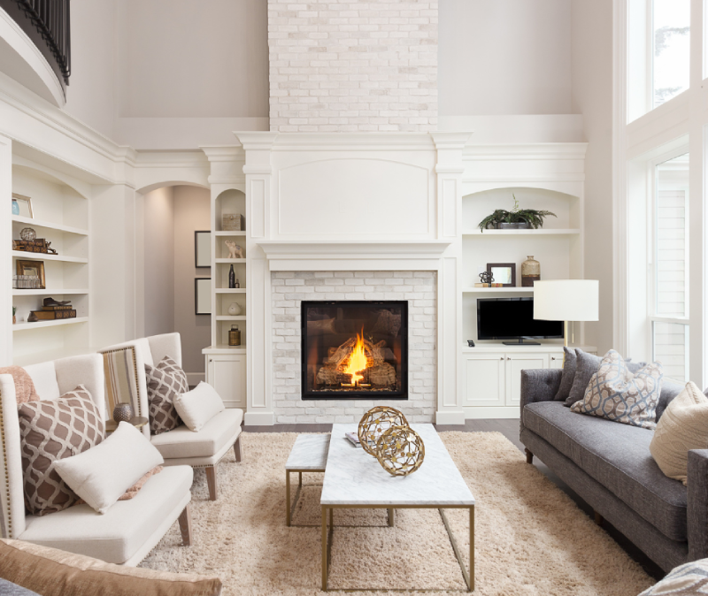 fireplace wall with floating shelves