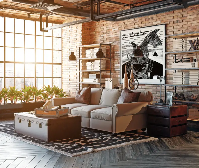 industrial and boho living room