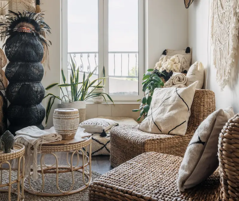 tassel and wood decor in a boho style living room with weaved seating