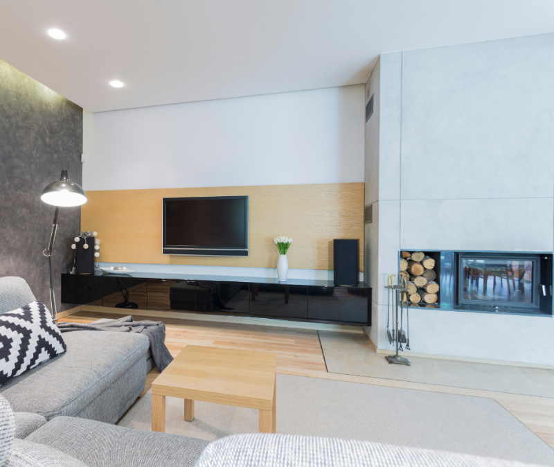 wall mounted tv and modern fireplace