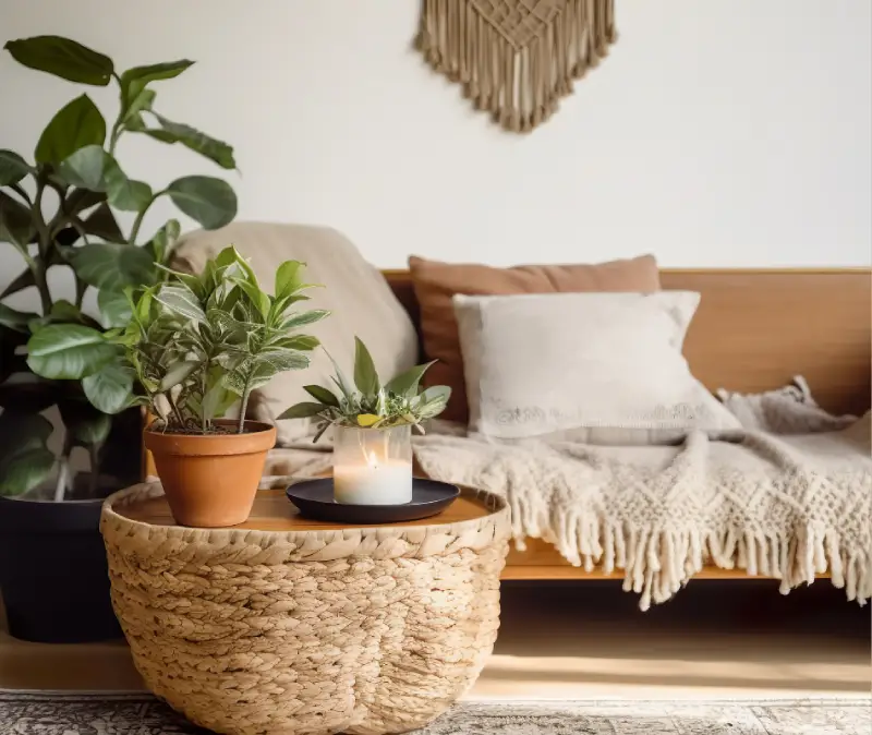 wicker coffee table for a boho living room