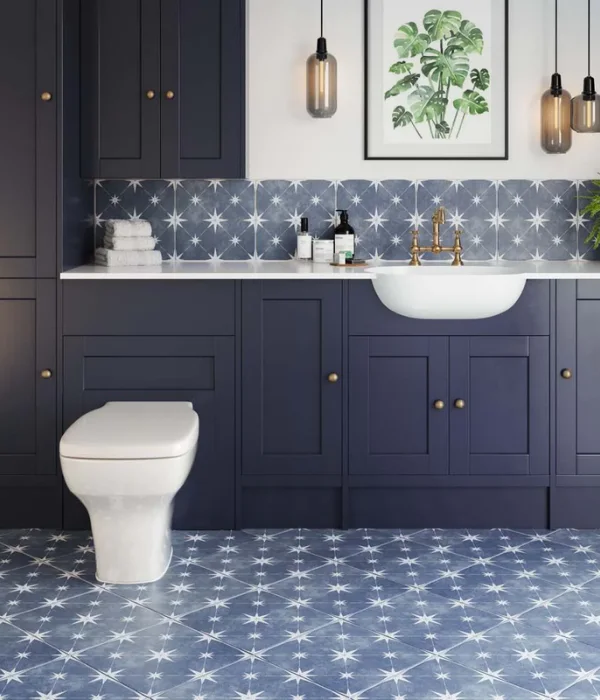 Blue bathroom with patterned tiles