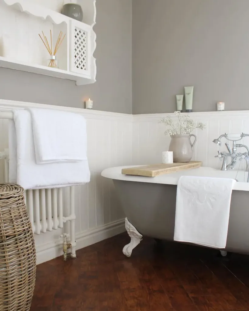 Light grey bathroom paint with white panelling