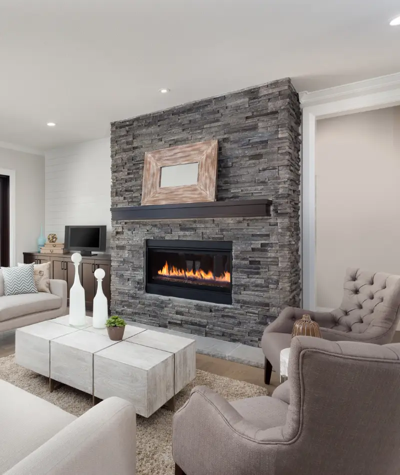 grey living room with fireplace