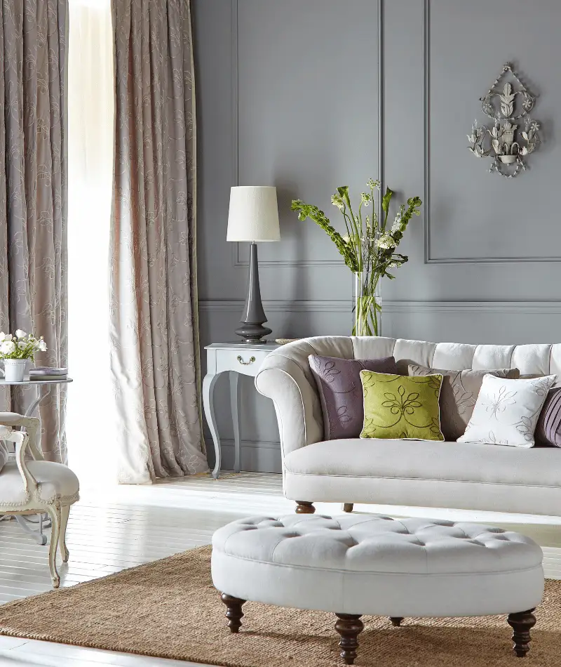 grey living room with panelling and victorian furniture