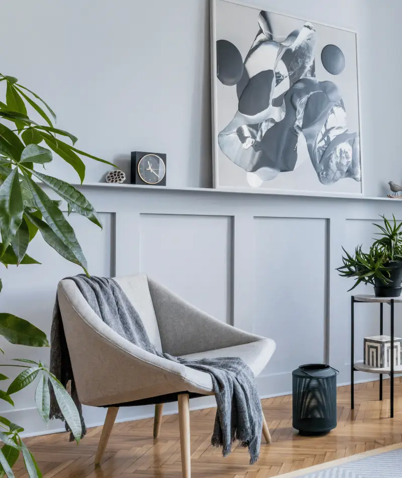 grey living room with plants