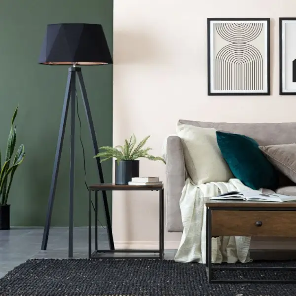 living room floor lamp dark wood with geometric lampshade