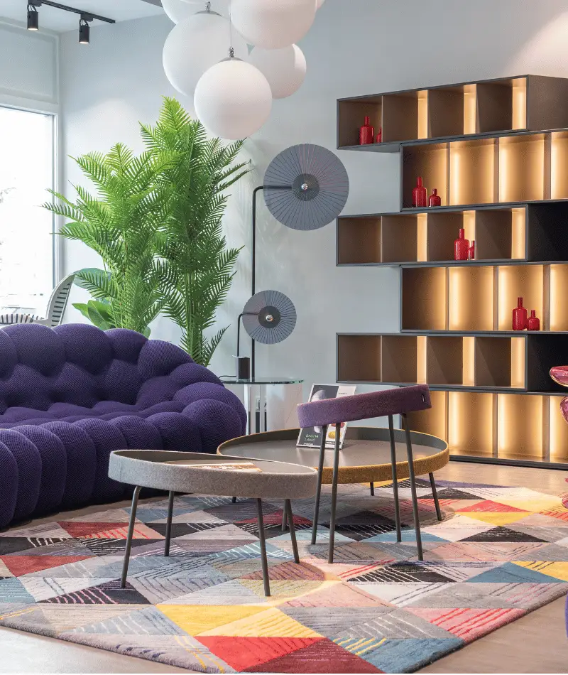 maximalist grey living room ideas with purple sofa
