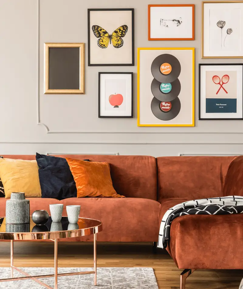 maximalist living room with velvet sofa