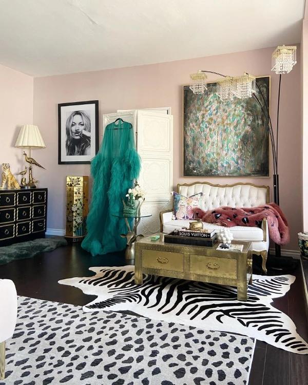 pink eclectic bedroom with victorian furniture