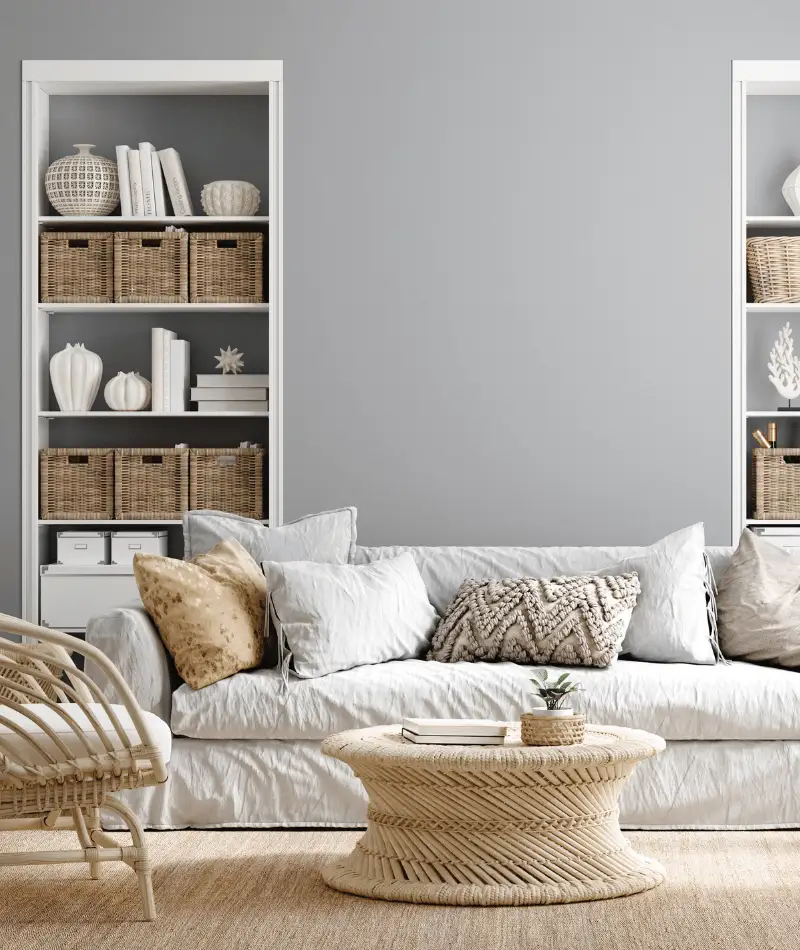 warm up a grey living room with wood accents