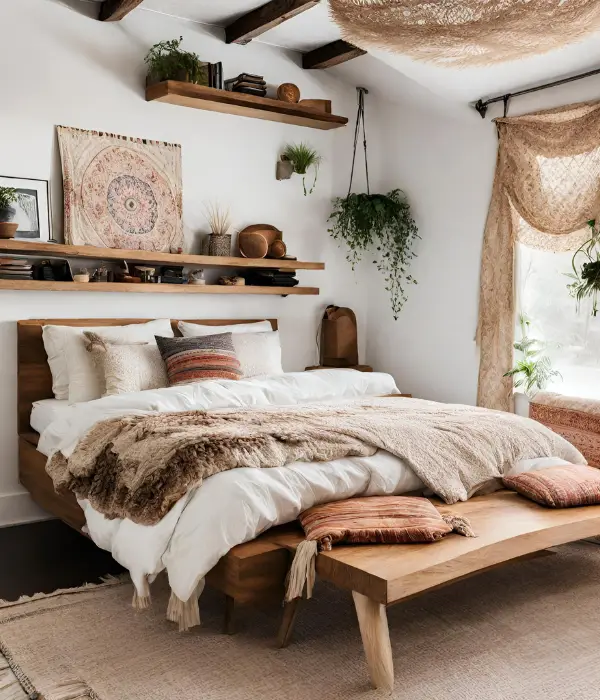 boho bedroom accent wall with open shelving