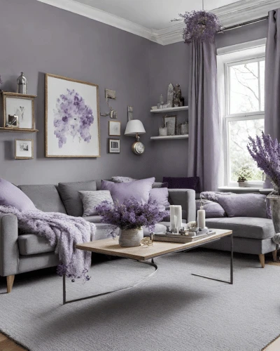 cozy grey living room - lavendar and grey decor