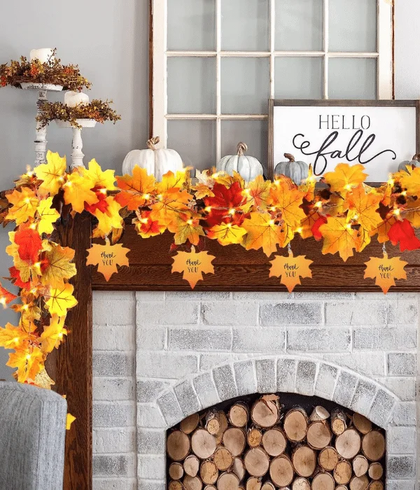 fall decoration ideas for the home - leaf string lights for fireplace