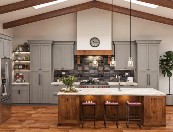 gray kitchen cabinets with wood and marble