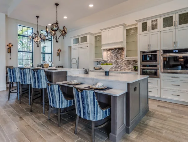 grey white and blue kitchen cabinets idea