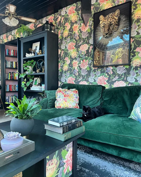 jungle theme maximalist living room idea