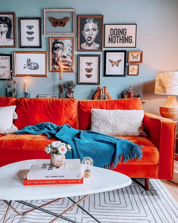 orange sofa maximalist living room