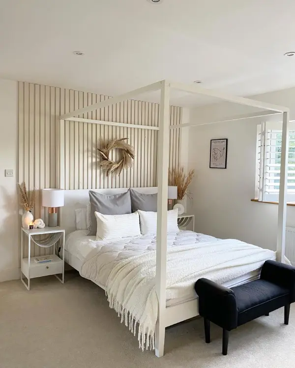 slat wall panelling accent wall in bedroom modern