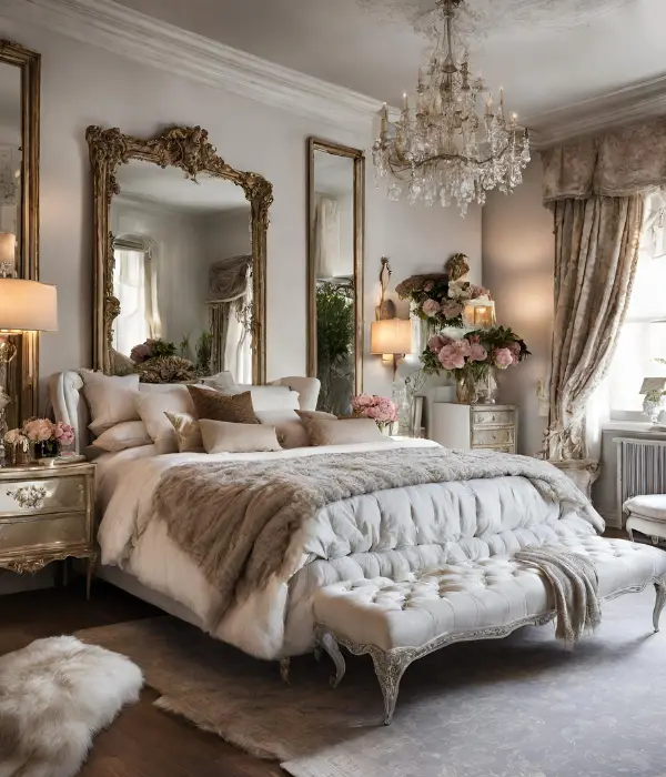 vintage and eclectic bedroom accent wall idea using mirrors