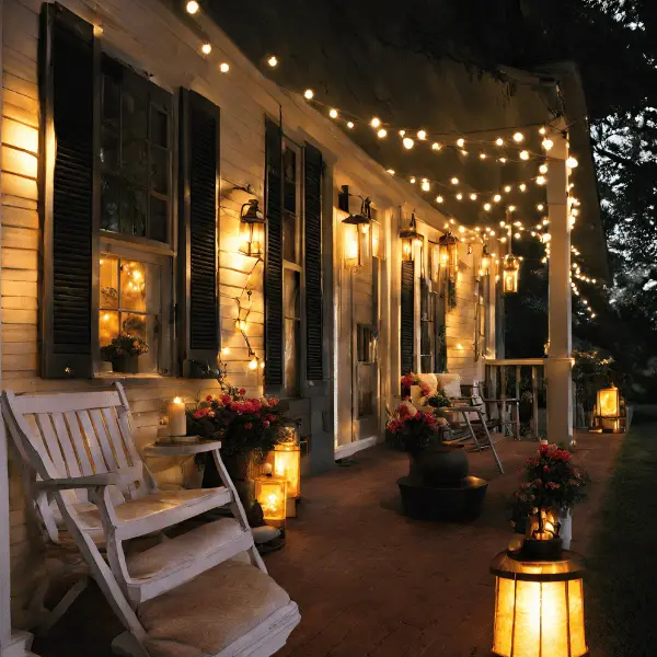 ways to spruce up your front porch - fairy lights and lanterns