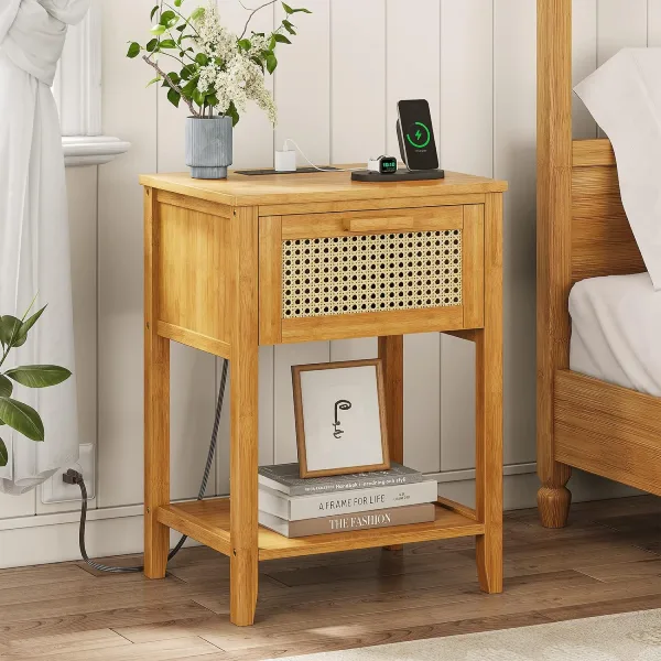 bamboo bedside table with charging port