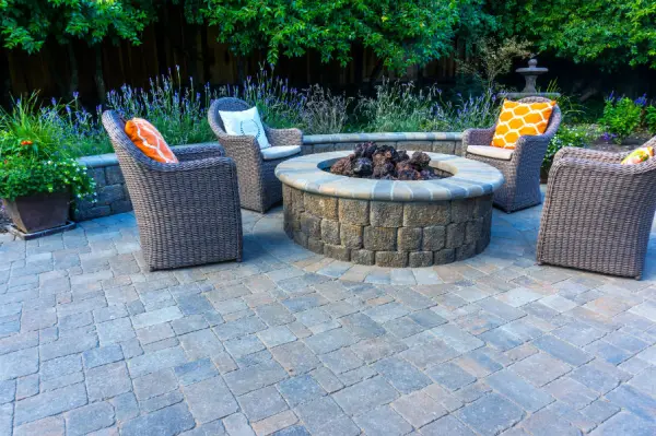 built in outdoor firepit on a patio