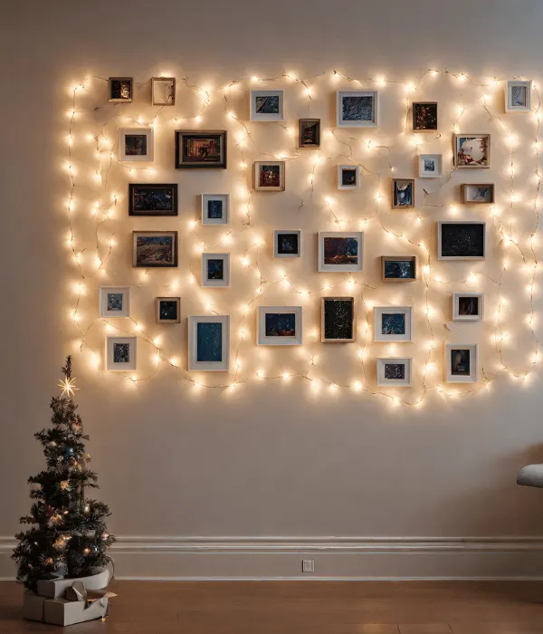 christmas decor with gallery wall with fairy lights