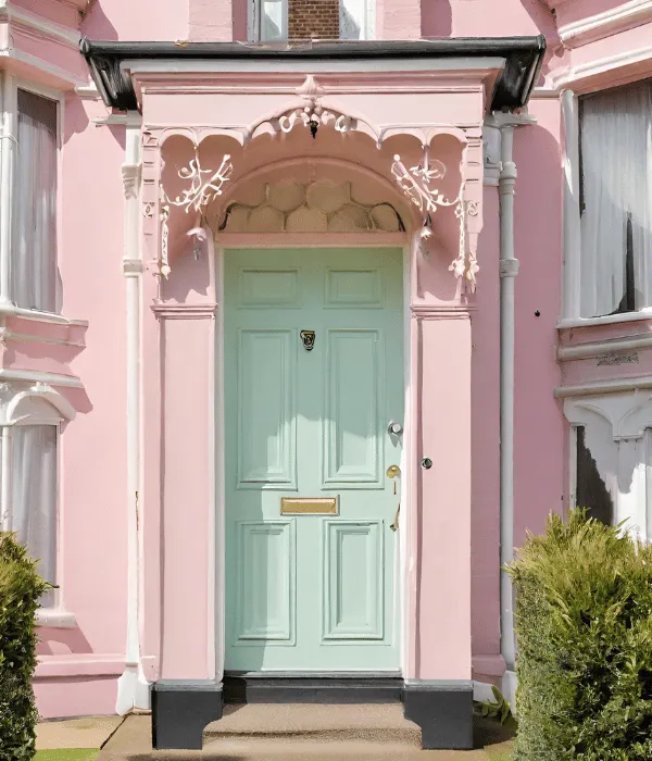 colorful victorian house exterior with pastel blue door