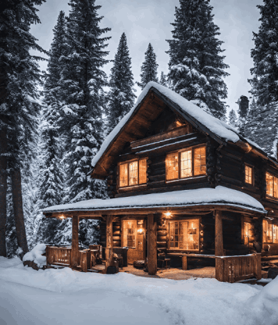 cozy cabin in the woods surrounded by snow storm