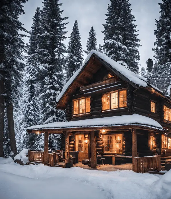 cozy cabin surrounded by snow in the woods