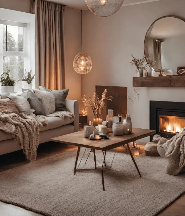 cozy rental living room with warm lighting
