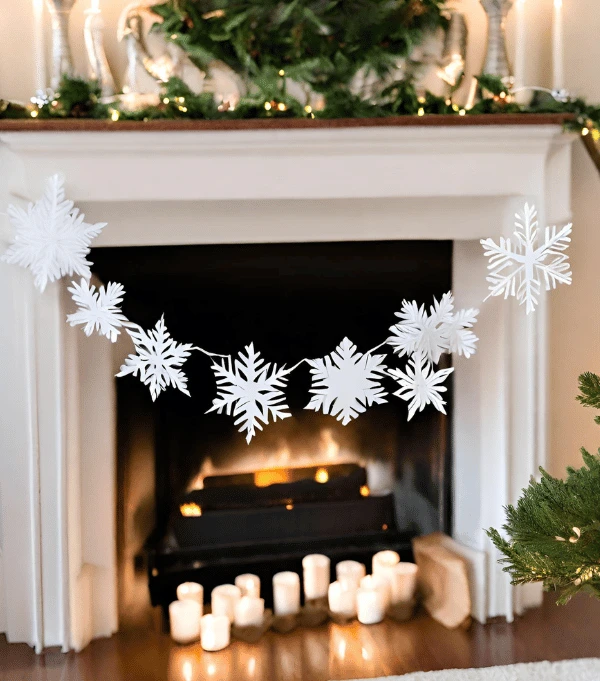 diy snowflake christmas garland for a fireplace