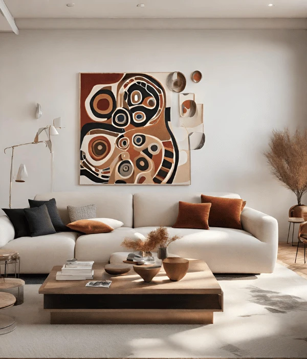 indigenous art work on a wall in a cream living room
