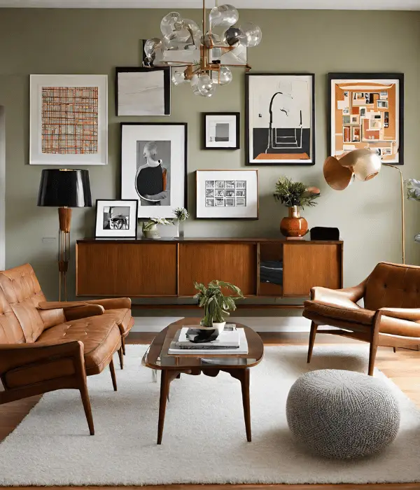mid century modern living room with gallery wall