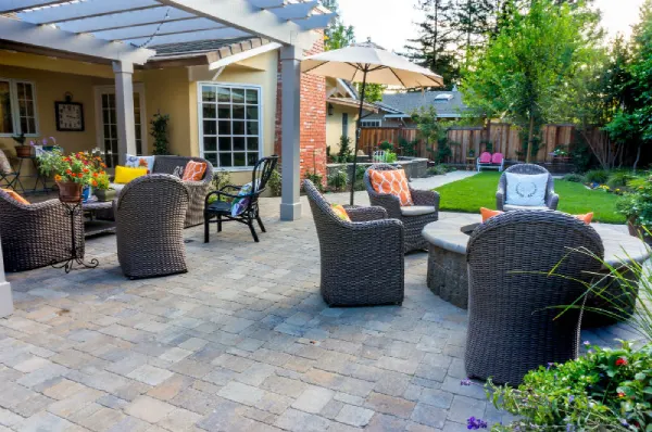 patio garden with pergola and rattan dining set