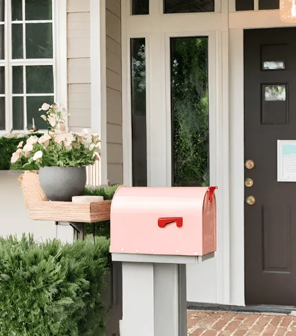 pink mailbox outside the home