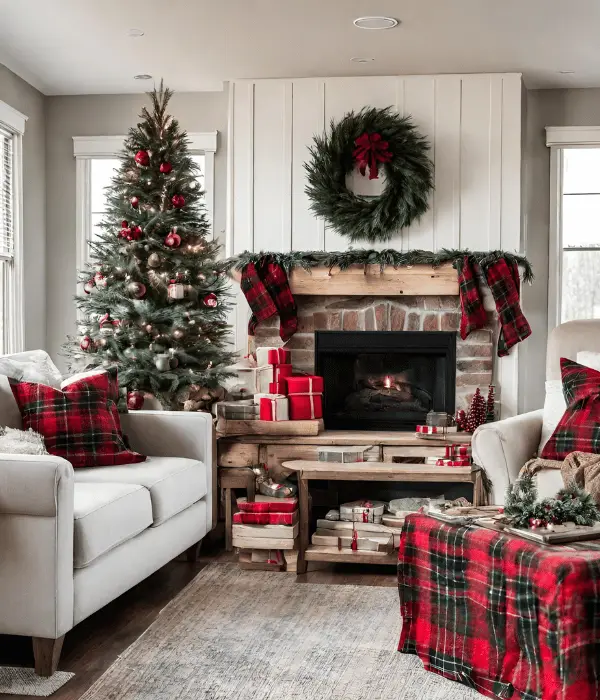 plaid and wood christmas decor in a cottage