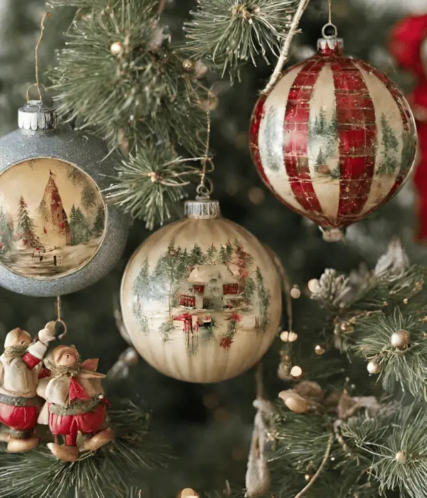 vintage christmas baubles on a christmas tree