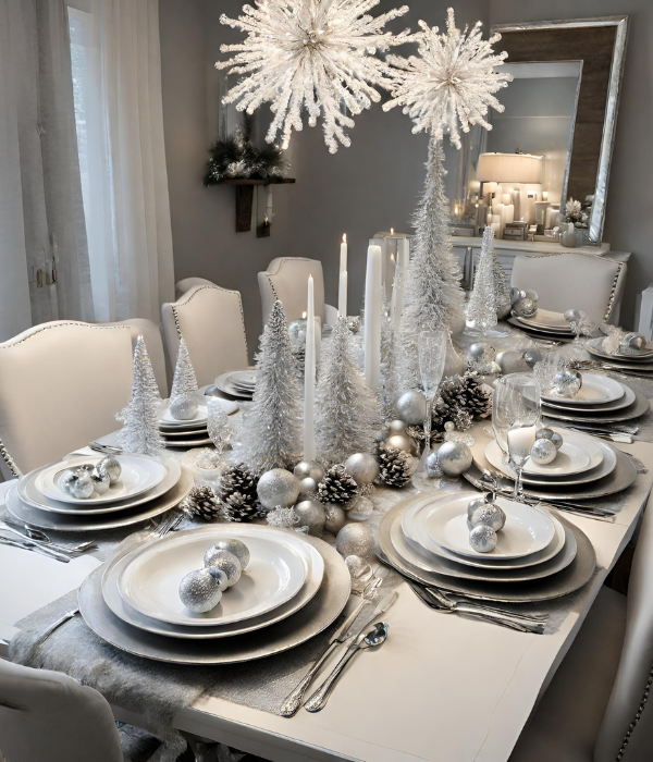 Christmas dining table ideas - grey and silver decor