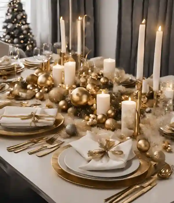 Christmas dining table ideas - gold and white theme
