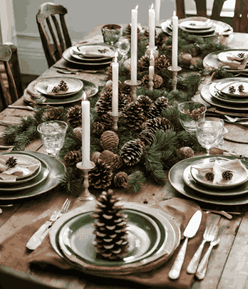 Christmas dining table ideas - green and brown rustic